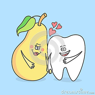 Cartoon tooth with a pear. Good habits for your teeth. Cartoon Illustration
