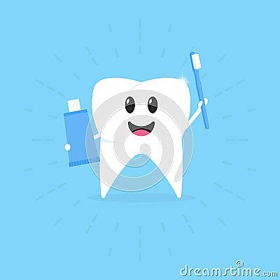 Cartoon tooth with a toothbrush and a paste in hand smiling, healthy teeth, vector illustration Vector Illustration