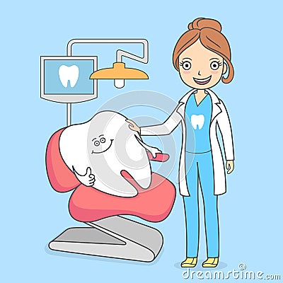 Cartoon tooth visiting a dental office. Tooth sitting in a chair and a dentist woman. Treating teeth Vector Illustration