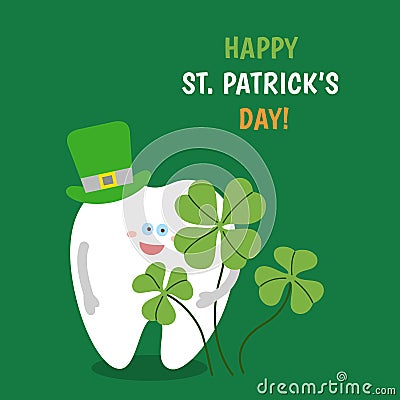 Cartoon tooth wearing a hat holds a four-leaved shamrock on green background. Vector Illustration