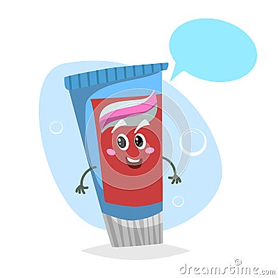 Cartoon toothpaste smiling mascot. Dental care character with dummy speech bubble. Vector Illustration