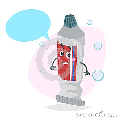 Cartoon toothpaste smiling mascot. Dental care character with dummy speech bubble. Vector Illustration