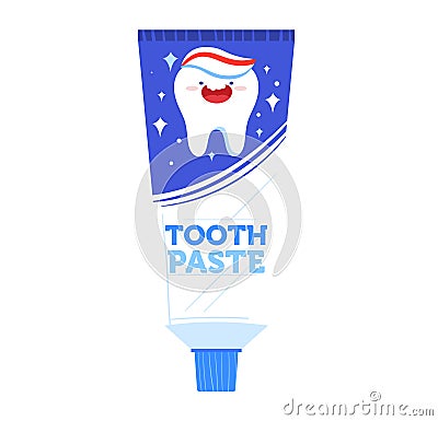 Cartoon toothpaste tube with a smiling tooth character. Cute dental care product design. Kids oral hygiene and dentistry Vector Illustration