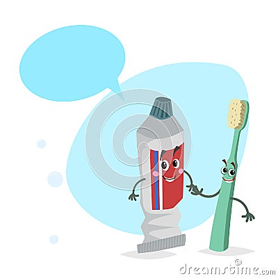 Cartoon toothpaste tube and toothbrush smiling mascots.Hygiene and dental care characters with dummy speech bubble. Vector Illustration