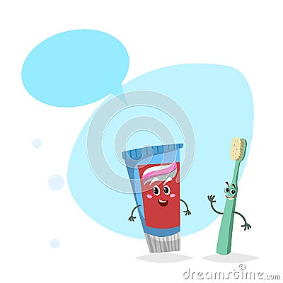 Cartoon toothpaste tube and toothbrush smiling mascots.Hygiene and dental care characters with dummy speech bubble. Vector Illustration