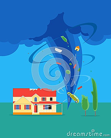 Cartoon Tornado or Hurricane Destroy House. Vector Vector Illustration