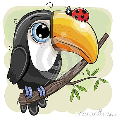 Cartoon Toucan with ladybug is sitting on a branch Vector Illustration