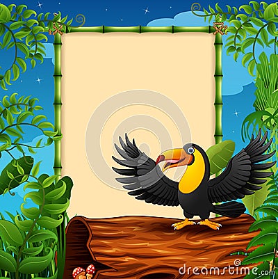 Cartoon toucan presenting on hollow log near the empty framed signboard Vector Illustration