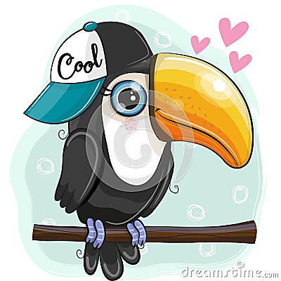 Cartoon Toucan is sitting on a branch Vector Illustration