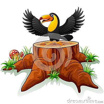 Cartoon toucan on tree stump Vector Illustration