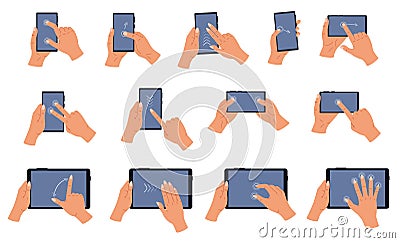 Cartoon touchscreen hand gestures, human hands on smartphone and tablet screen. Vector illustration set Vector Illustration