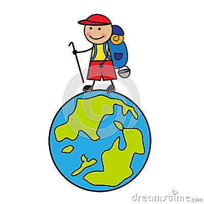 Cartoon tourist going up the globe Vector Illustration