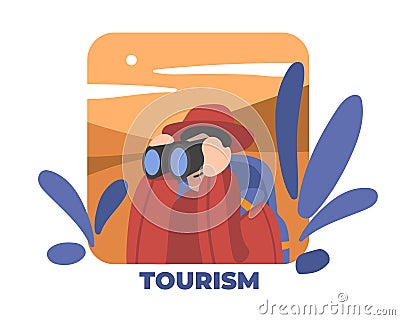 Cartoon tourist man in hat looking through binoculars illustration Vector Illustration