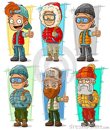 Cartoon tourist traveler with backpack characters vector set Vector Illustration