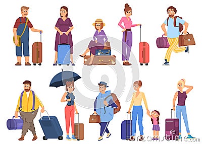 Cartoon tourists with luggage go to travel. Isolated woman men holding bags and backpack, man run with things. Vacation Vector Illustration