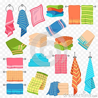 Cartoon towel. Kitchen, beach and bath hanging or stacked towels. Rolls for spa hygiene, textile objects colorful vector Vector Illustration