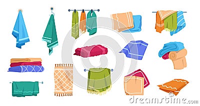 Cartoon towels. Bath rolled fabric, kitchen hand textile cloth and washcloth for dishes, family cotton towels pile Vector Illustration