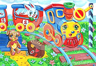 Cartoon toy railway station with train and passengers Cartoon Illustration