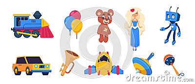 Cartoon toys. Cute baby dolls, colored balloons, spaceship car train transport toys isolated on white background. Vector Vector Illustration