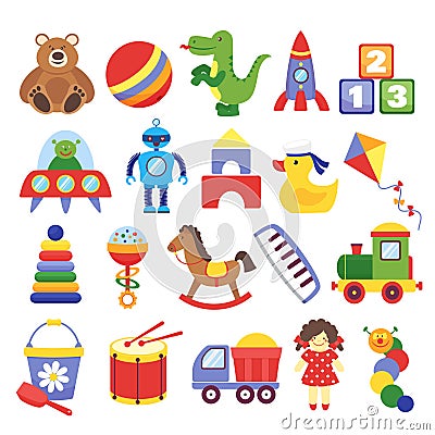 Cartoon toys. Game toy teddy bear dinosaur rocket childrens cubes kite robot. Kids dolls vector Vector Illustration