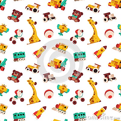 Cartoon toys pattern. Seamless print with kid colorful toys, cute baby transport animals and puzzle games. Vector Vector Illustration