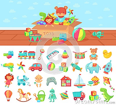 Cartoon toys. Vector set of kids play, block and doll Vector Illustration