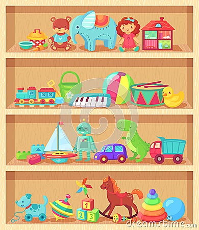 Cartoon toys on wood shelves. Funny animal baby piano girl doll and plush bear. Kids toy shopping shelf vector Vector Illustration