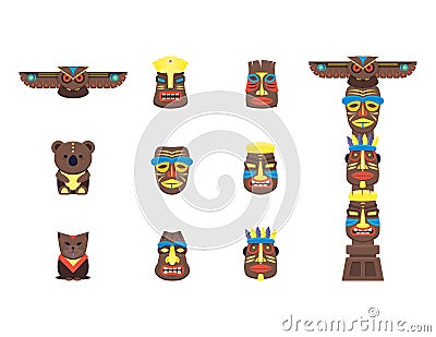 Cartoon Traditional Religious Totem Color Icons Set. Vector Vector Illustration
