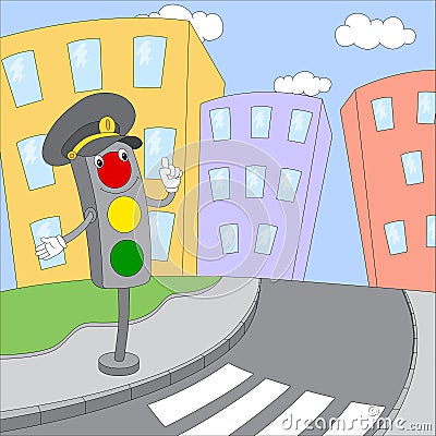 Cartoon traffic lights on the city road Vector Illustration