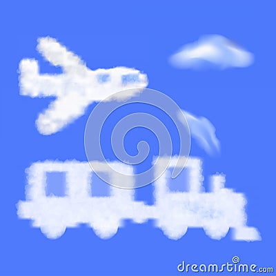 Cartoon train and plane shaped cloud in the blue s Vector Illustration