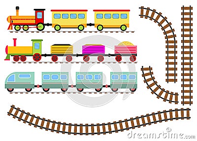 Cartoon train with wagons and railway. The toy train goes by rail. Vector Illustration