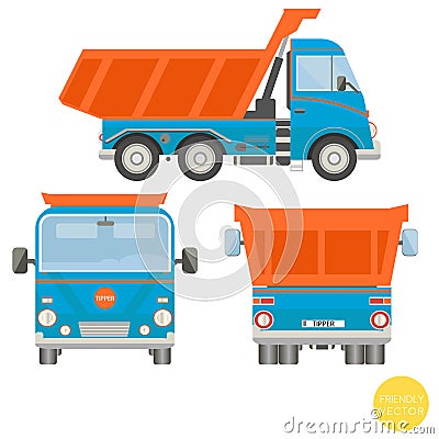 Cartoon transport. Dump truck illustration. View from side, back, front. Vector Illustration