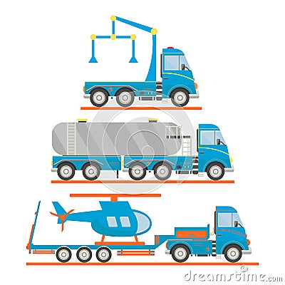 Cartoon transport set. Tow truck, tank car, lorry, helicopter. Vector illustration. Cartoon Illustration