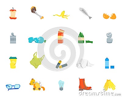 Cartoon Trash and Garbage Color Icons Set. Vector Vector Illustration