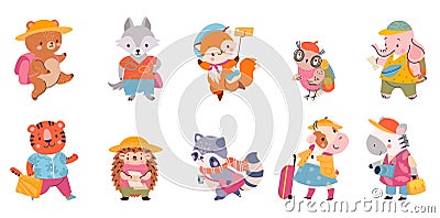 Cartoon travel animal. Touristic animals with luggage, backpack and map. Cute amusing wild bear fox and cow. Childish Vector Illustration