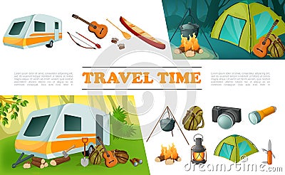 Cartoon Travel Camping Elements Set Vector Illustration