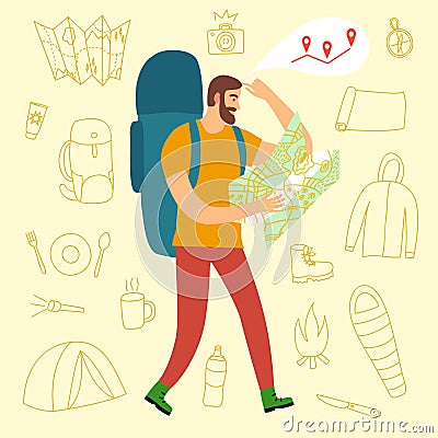 Cartoon traveler holding map Vector Illustration