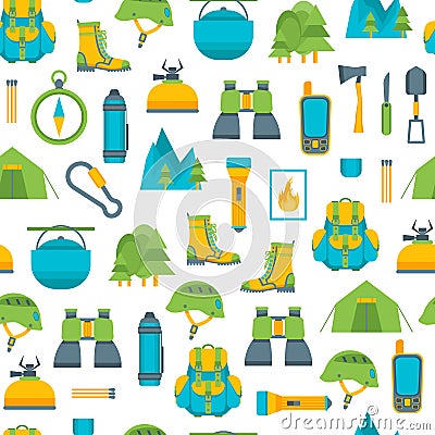 Cartoon Traveling Camping and Hiking Background Pattern on a White . Vector Vector Illustration