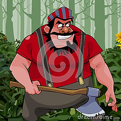 Cartoon treacherous man big guy with an ax in the woods Vector Illustration