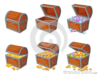 Cartoon treasure piles with coins, jewels, gems and gold bars. Pirate treasures, pile of gold, precious stones, wooden chest, Stock Photo
