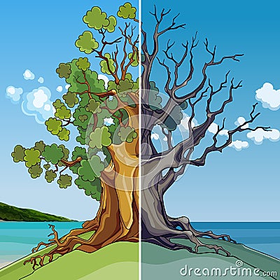 Cartoon tree growing on the seashore half growing green half withered Vector Illustration