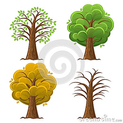 Cartoon tree, oak in the different seasons year. Vector Vector Illustration