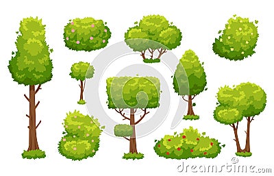 Cartoon trees and bushes. Green plants with flowers for vegetation landscape. Nature forest tree and hedge bush vector Vector Illustration