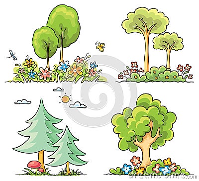 Cartoon Trees with Flowers Vector Illustration