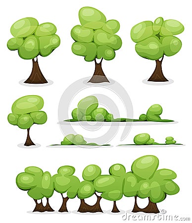 Cartoon Trees, Hedges And Bush Leaves Set Vector Illustration