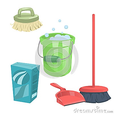 Cartoon trendy cleaning service icons set. Vector Illustration