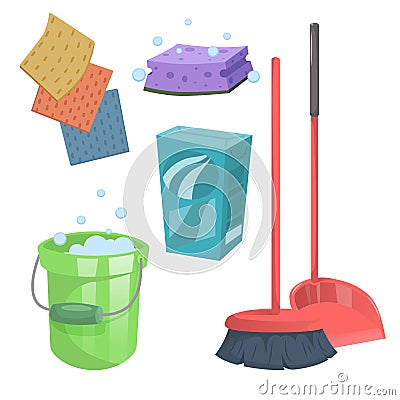 Cartoon trendy cleaning service icons set. Vector Illustration