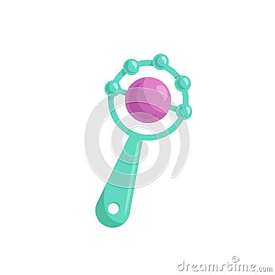 Cartoon trendy design baby greenl rattle with pink ball. Vector simple gradient child accessory illustration. Vector Illustration