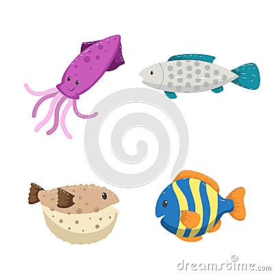 Cartoon trendy design different sea and ocean animals set. Squid, striped color fish, blowfish and gray dotted fish. Vector Illustration