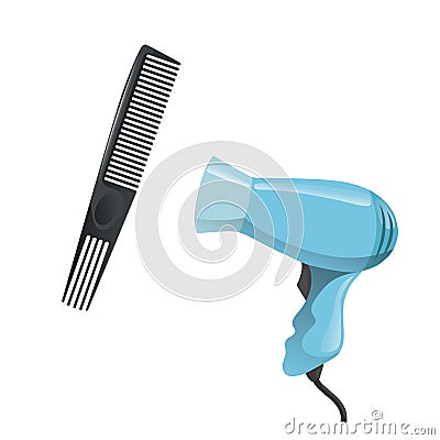 Cartoon trendy design hair styling equipment tool set. Plastic black hair comb with special long teeth and electric hairdryer. Vec Vector Illustration